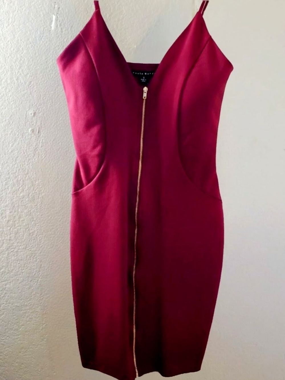 Sexy Burgundy Midi Zip-Front Spaghetti Strap Dress Small